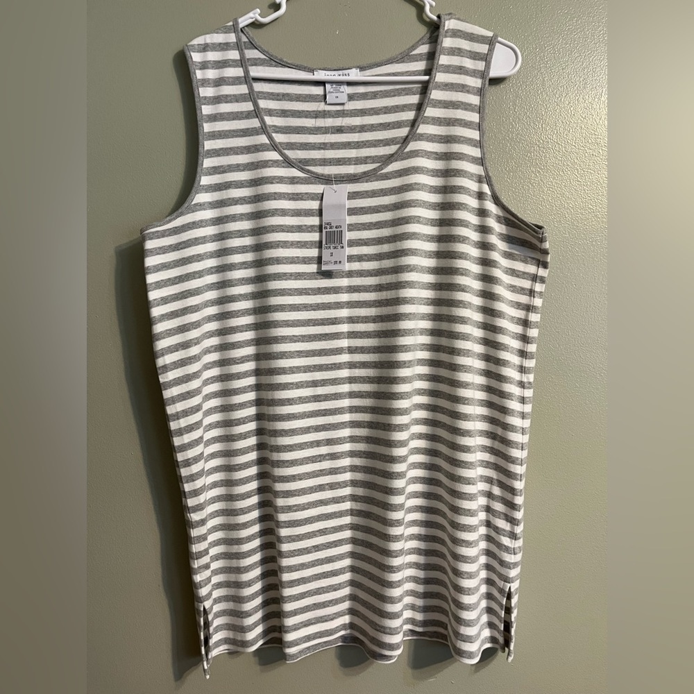 Joan Vass Womens 100% Cotton Sleeveless Top T-shirt white gray stripes Sz 1X NWT